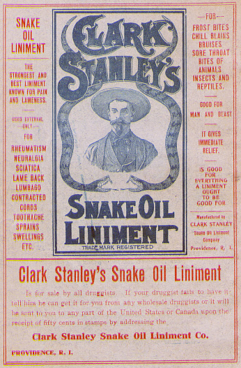 An old snake-oil liniment advertisement claiming to be "good for everything" and listing a variety of ailments.